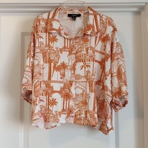 Forever 21+ Womens Crop Button Down Top Sz 1X Collar Orange White Jungle Silky